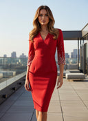 Rhinestone Beaded V-Neck Half Sleeve Knit Midi Dress