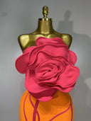 Orange & Pink 3D Rose Bandage Midi Dress