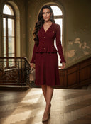 Ruffle Pleated V-Neck Knitted Long Sleeve Dress with Buttons