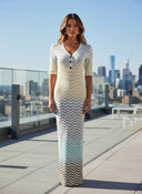 Elegant V-Neck Color Gradient Short Sleeve Wavy Knit Long Dress