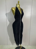 Black Crystal Detail Halter Midi Dress