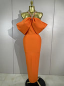 Orange Crystal Bow Off Shoulder Bandage Midi Dress