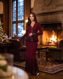 Burgundy Rib-Knit Peplum Cardigan & Pleated Maxi Skirt Set with Jewel Buttons