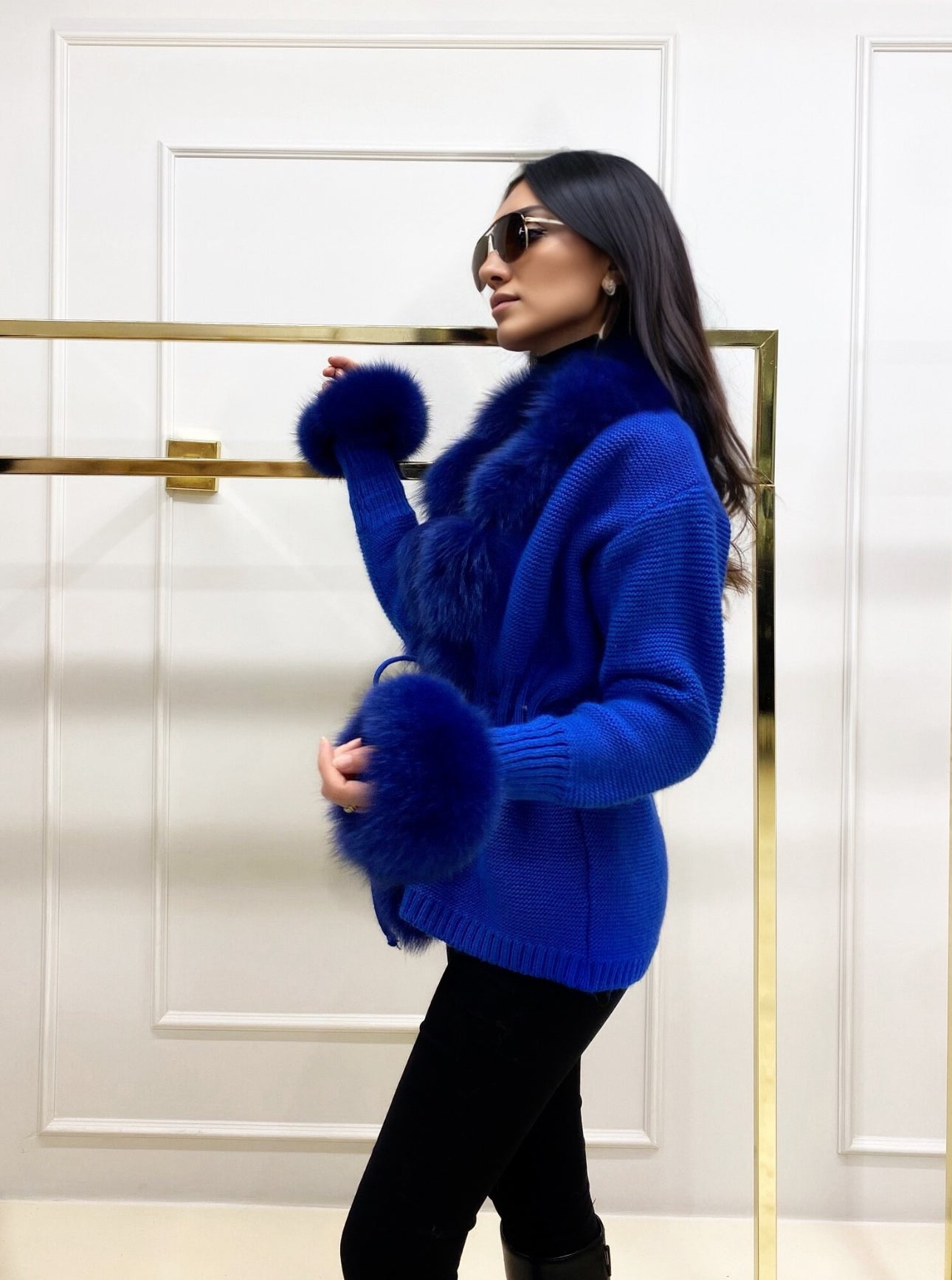 CÁRDIGAN CORTO DE PUNTO/CASHMERE DE PIEL DE ZORRO EN AZUL REAL