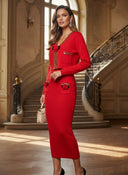 Elastic Knit 3D Floral Beaded Long Sleeve Cardigan & Slim Half Skirt Set