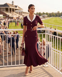 Burgundy Rib-Knit Belted Maxi Dress with Contrast Collar & Pearl Buckle