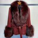 Short Fox Fur Genuine Leather Jacket in burgundy