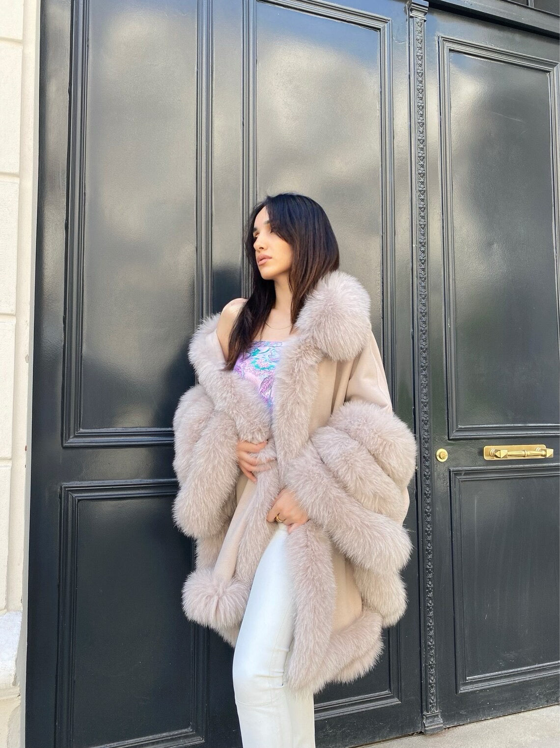 PONCHO IN CASHMERE IN PELLICCIA DI VOLPE BEIGE