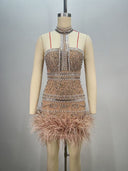 Nancy Crystal Embellished Nude Feather Dress