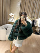 Lime Fox Fur Genuine Leather Jacket in dark green