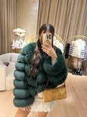 Lime Fox Fur Genuine Leather Jacket in dark green