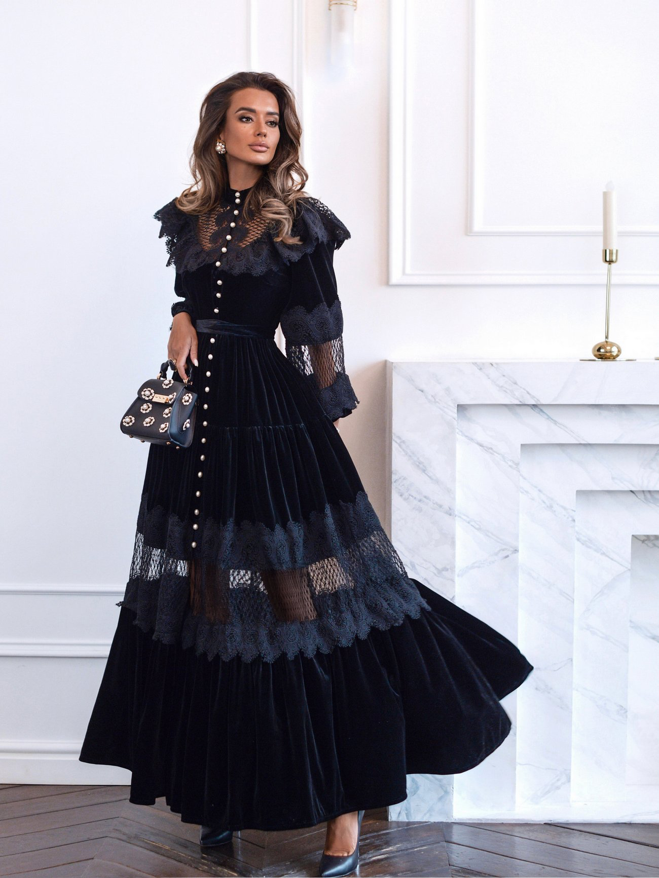 Vestido Isabella de terciopelo y encaje patchwork 