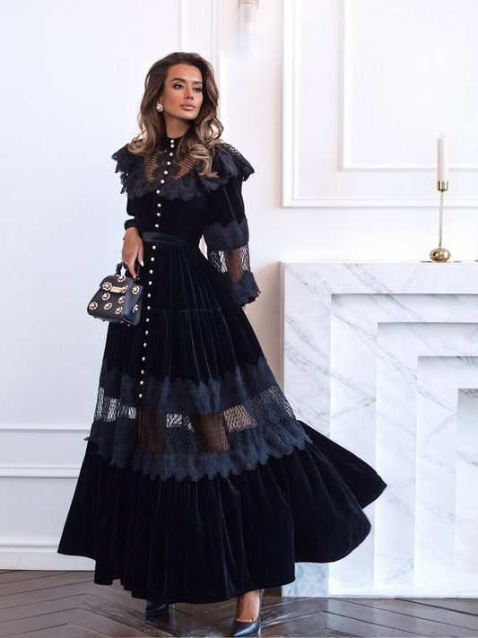 Vestido Isabella de terciopelo y encaje patchwork 