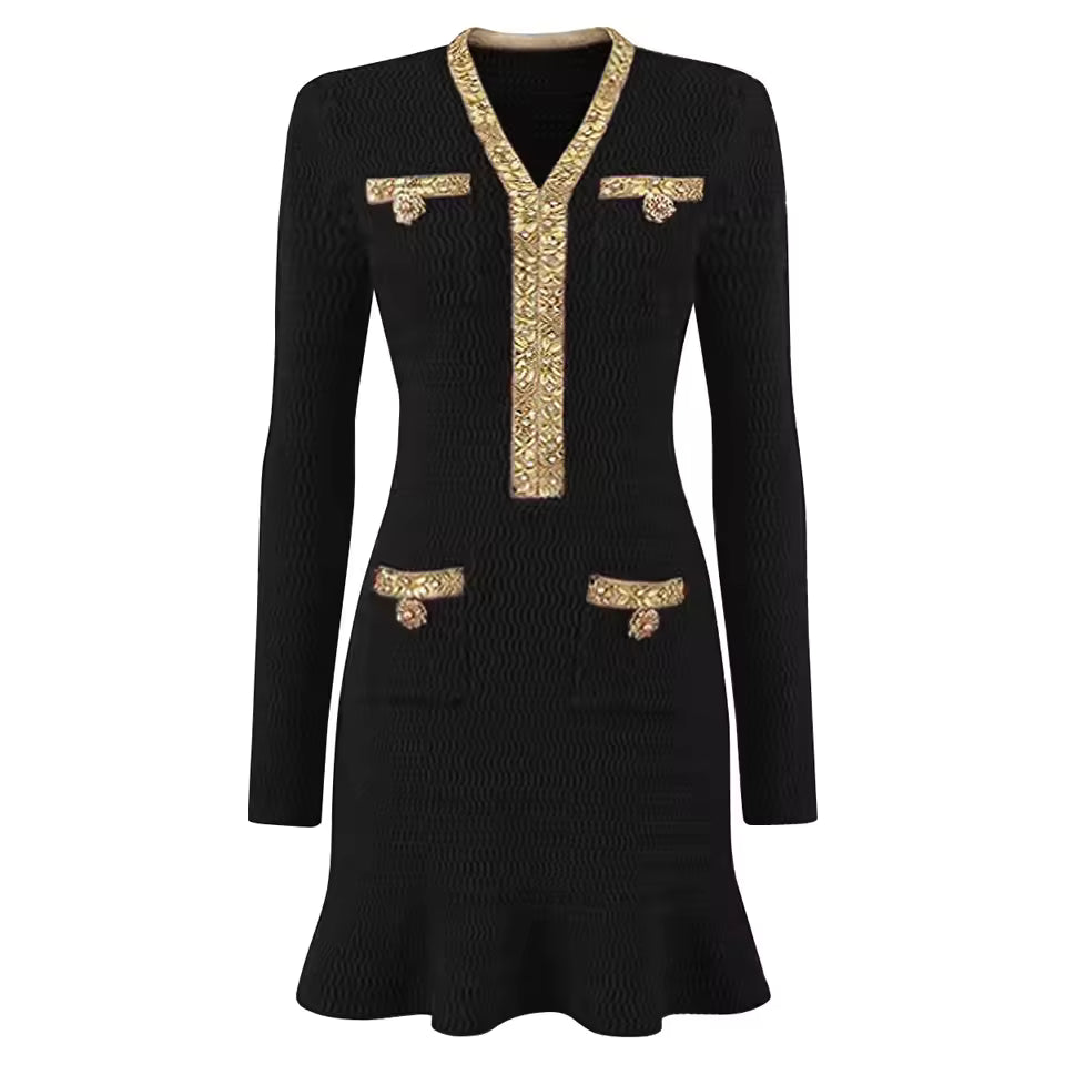 Elegant Crystal Knit Long Sleeve Mermaid Fishtail Mini Party Dress