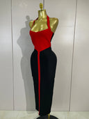 Red halter bodice with black fitted midi skirt