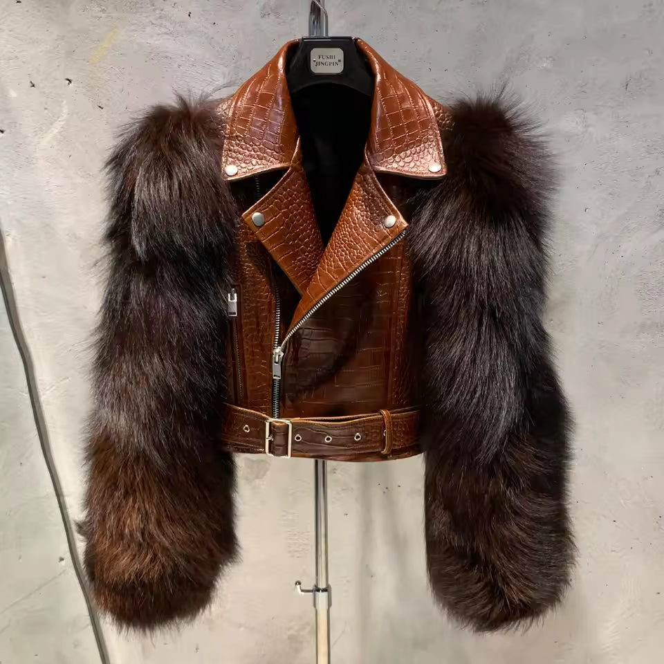Leather Biker Jacket with Fox Fur Sleeves
