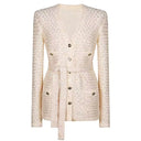 Sequined V-Neck Belted Knit Cardigan