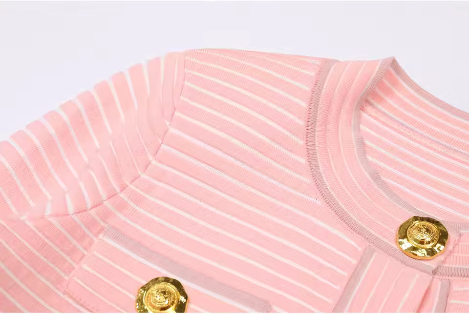 Striped Knit Single-Breasted Vest and Pleated Mini Skirt Set