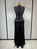 Black fringe top and satin maxi skirt