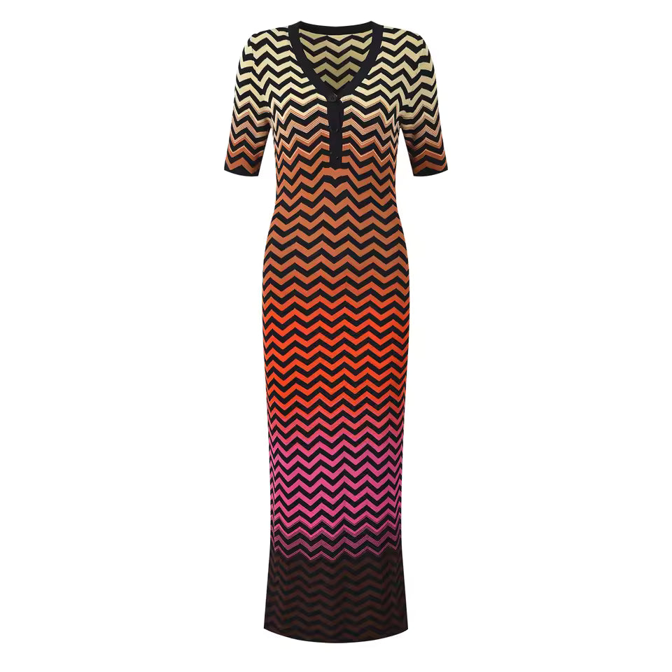 Elegant V-Neck Color Gradient Short Sleeve Wavy Knit Long Dress