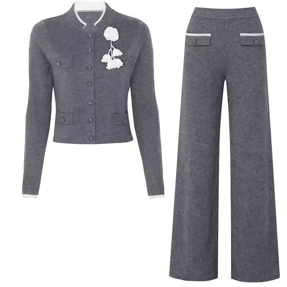 Flower Accent Knit Vest & Solid Pants Two-Piece Set