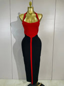 Red and black halter bandage bodycon midi dress