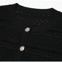 Black crochet-knit cardigan neckline and crystal button detail