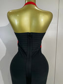 Red and black halter midi dress, close-up