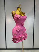 Pink 3D flower mini dress three-quarter view