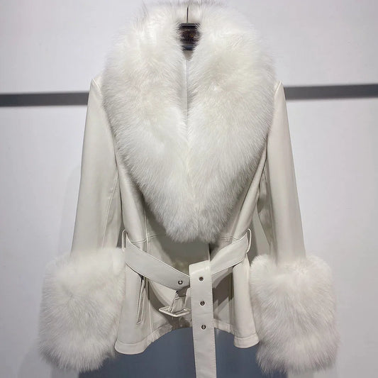 GIACCA IN VERA PELLE CON PELLICCIA DI VOLPE IN BIANCO SPORCO