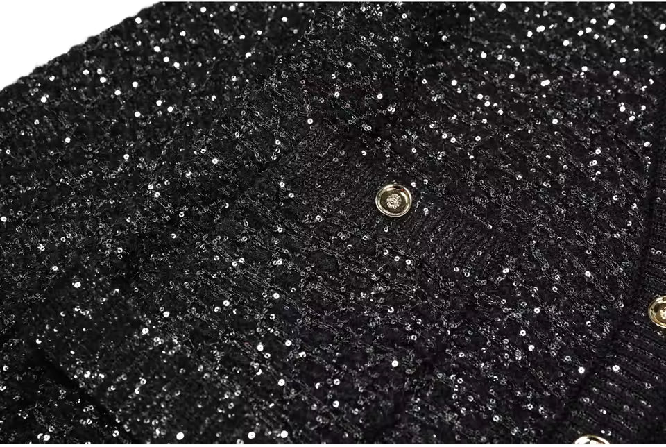 Sequined V-Neck Belted Knit Cardigan