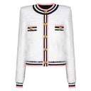 Fur Fringe Color Block Stripe Round Neck Single-Breasted Knit Vest Top