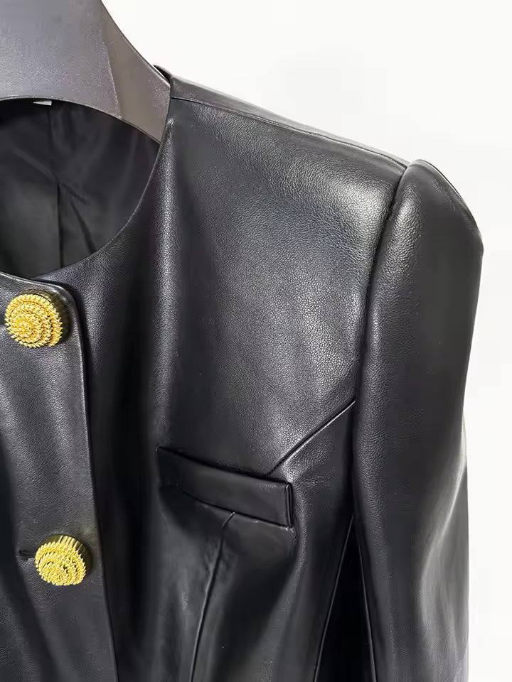 PU O-Neck Single-Breasted Slim Jacket