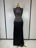 Black metallic fringe top and satin maxi skirt set