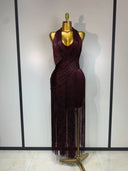 Plum metallic fringe halter midi dress, front view