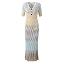 Elegant V-Neck Color Gradient Short Sleeve Wavy Knit Long Dress