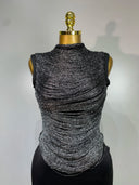 Mock-neck draped metallic fringe top close-up