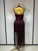 Plum fringe halter dress open back view