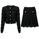 Black crochet-knit cardigan and flared skirt set with crystal flower buttons