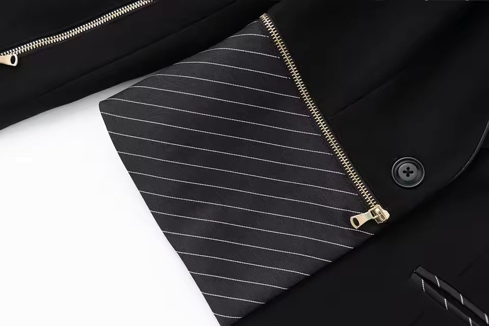 Stylish Striped Patchwork Notched Slim Blazer with Single Button