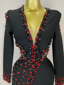 Red crystal plunge neckline and cuff detail