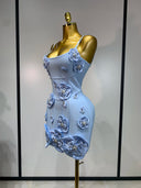 Sky blue 3D flower mini dress three-quarter view