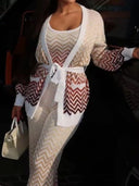 Lace-Up Waist Zigzag Striped V-Neck Long Sleeve Knit Cardigan