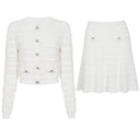 White crochet-knit cardigan and flared skirt set
