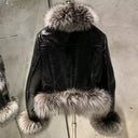 Cropped Shearling Leather Coat with Natural Fur Sleeves