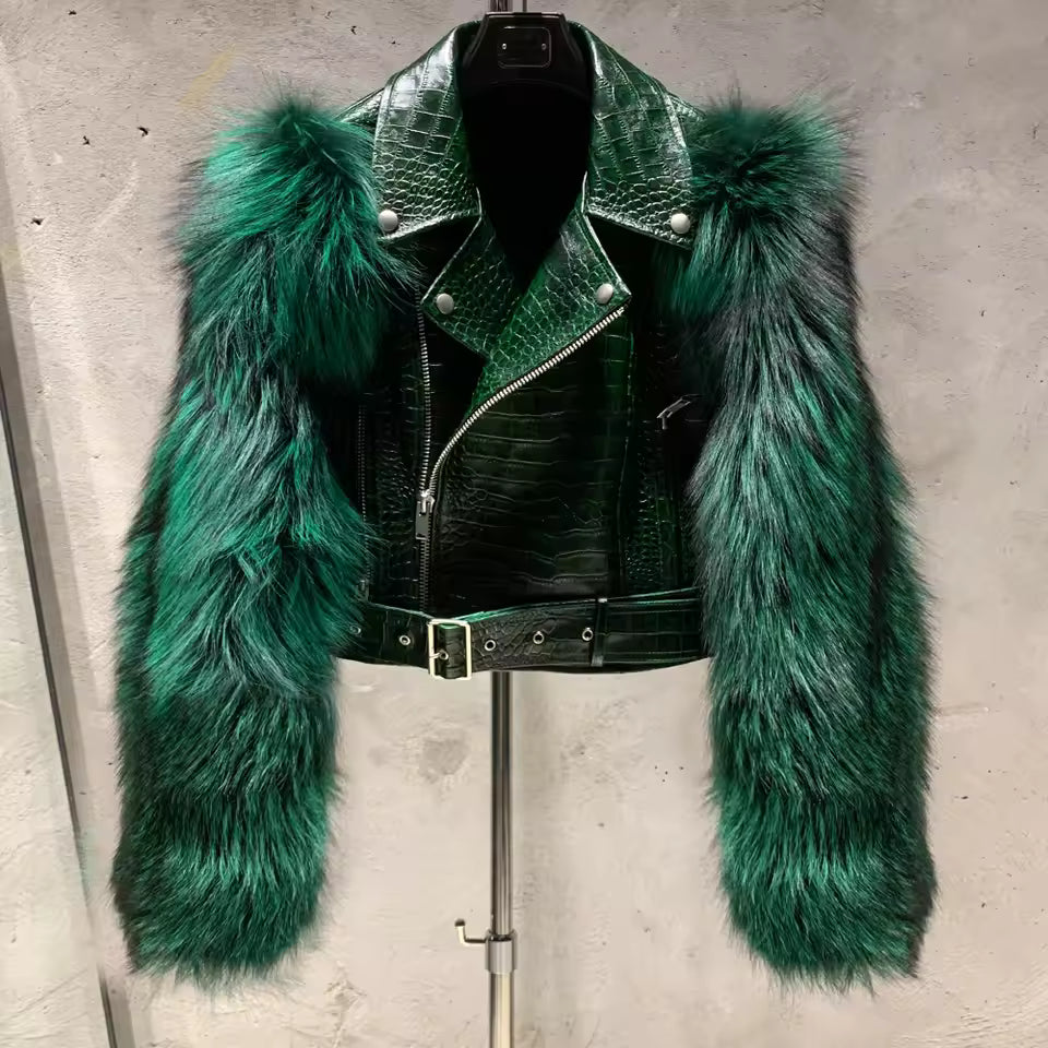 Leather Biker Jacket with Fox Fur Sleeves