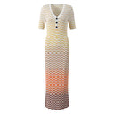 Elegant V-Neck Color Gradient Short Sleeve Wavy Knit Long Dress