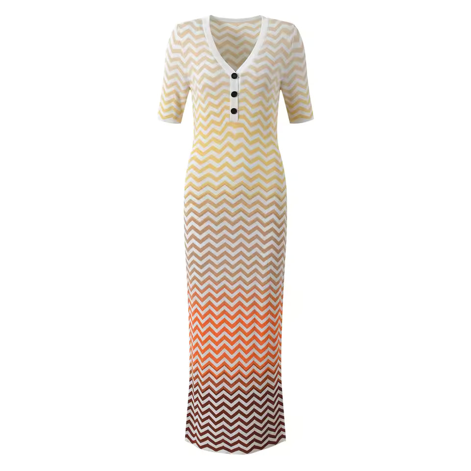Elegant V-Neck Color Gradient Short Sleeve Wavy Knit Long Dress