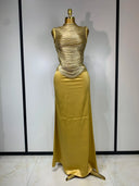 Yellow metallic fringe top and satin maxi skirt set