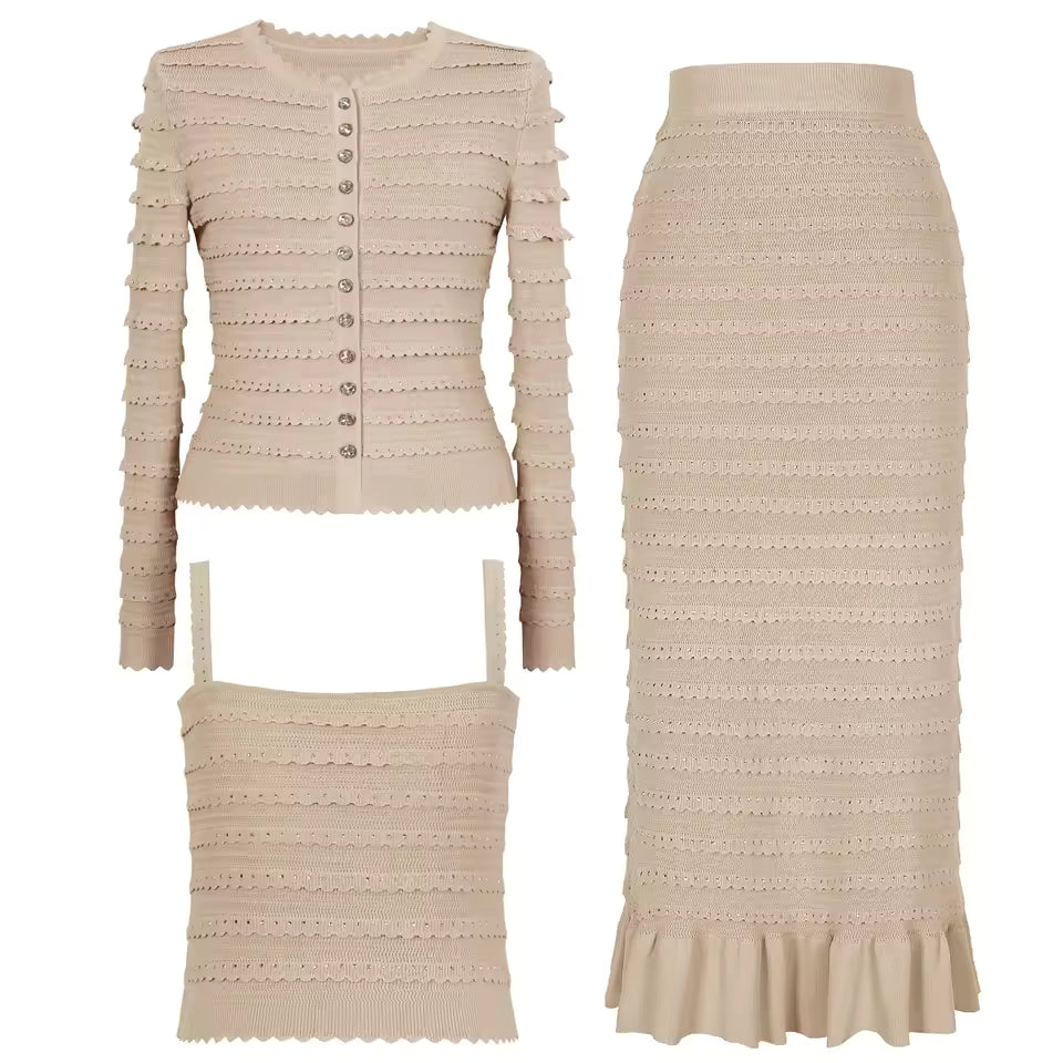 Knitted Lace Rhinestone Top Vest & Camisole with Ruffle Edge Slim Fit Half Skirt Set